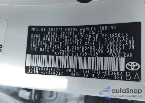 2015 Toyota Corolla Le/Le Plus/Le Premium из США, поврежденный, VIN 5YFBURHE2FP329542